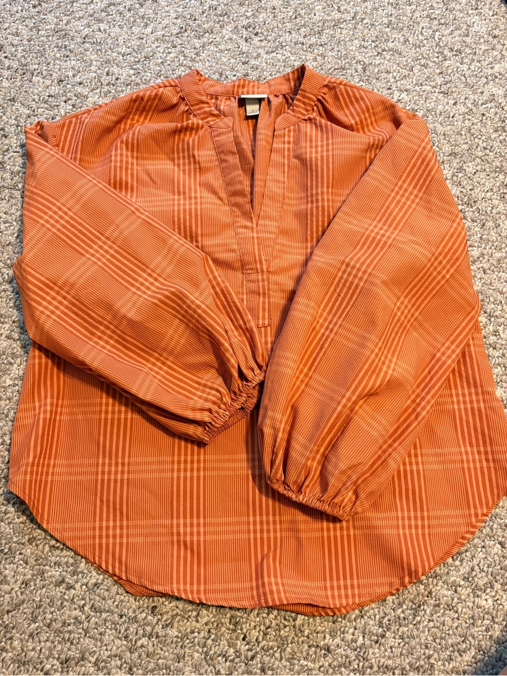 a new day Rust Orange Plaid Split-Neck Peasant Blouse
